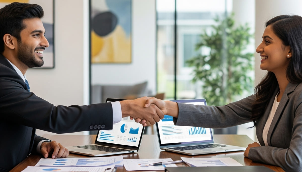 Business professionals shaking hands during a B2B meeting