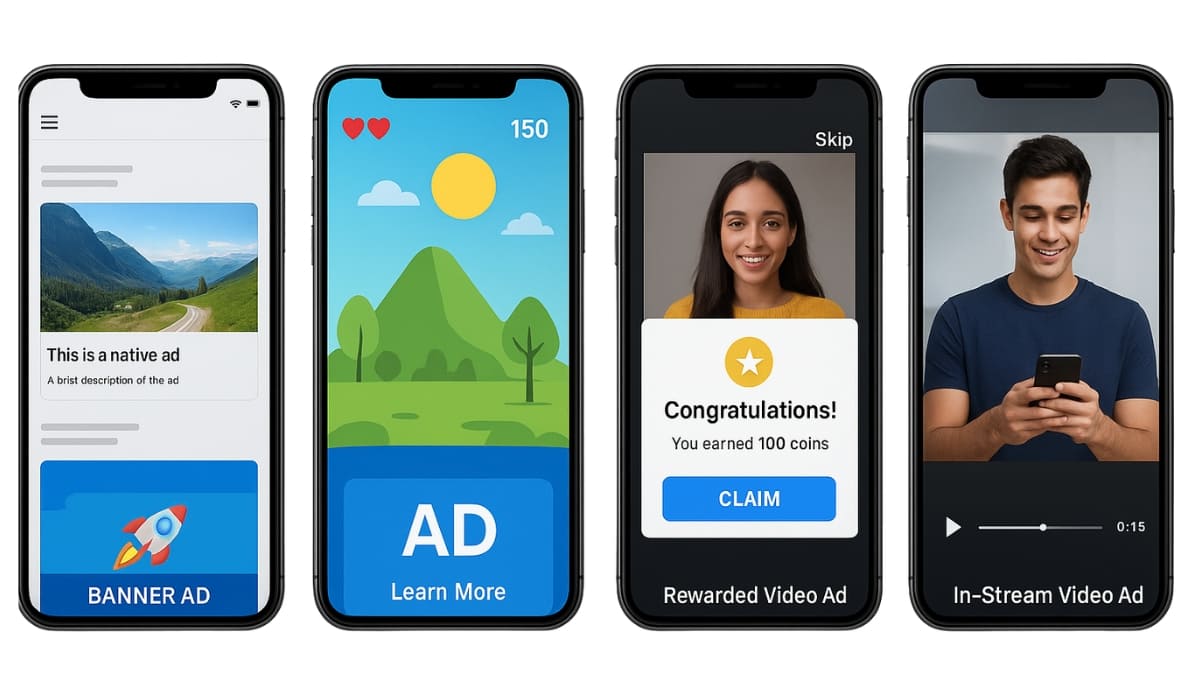 Examples of Facebook Audience Network ads including native, banner, interstitial, rewarded, and in-stream video formats