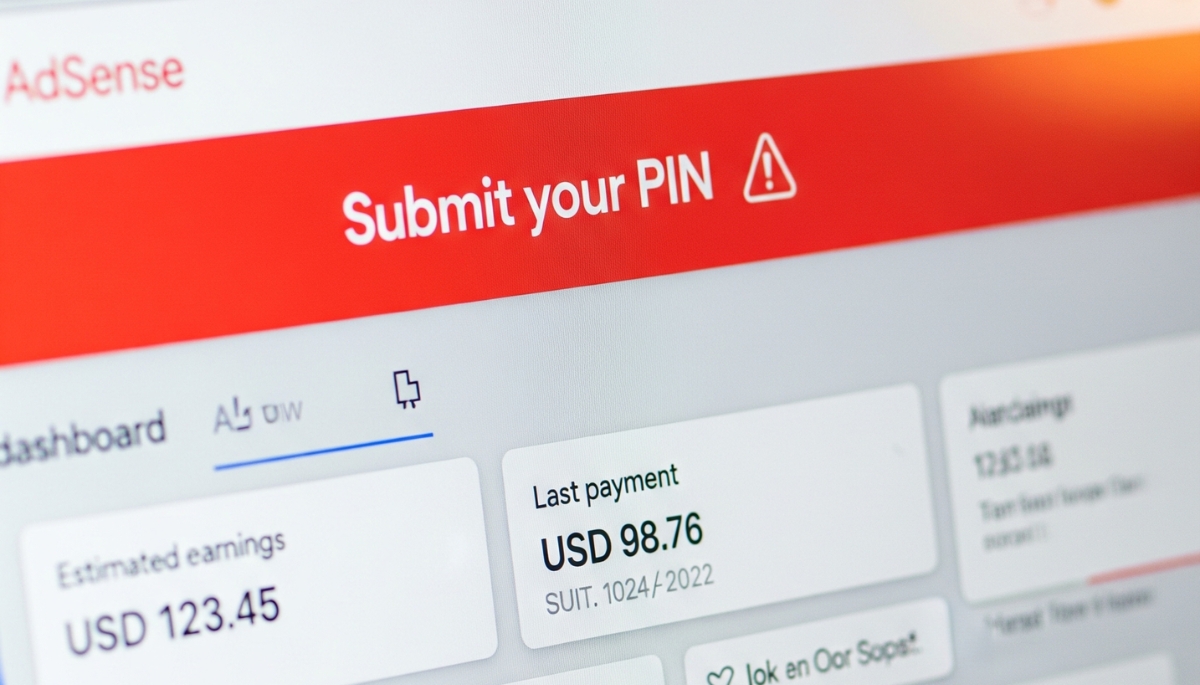 Google AdSense dashboard showing payment hold due to PIN verification.