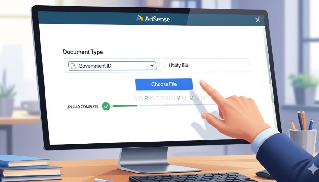 Uploading ID document to Google AdSense for address verification after PIN fails.