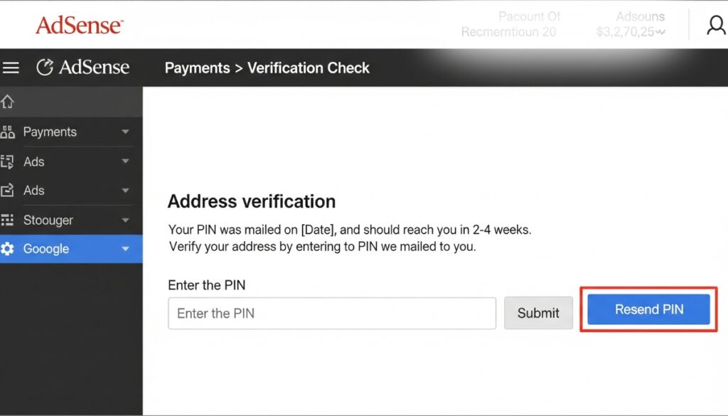 Google AdSense page showing option to request or resend PIN.