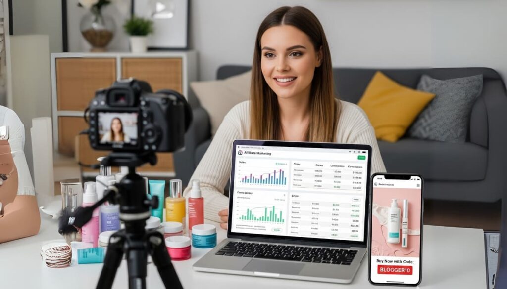 Real-life example of affiliate marketing with a beauty blogger promoting skincare products and showing an affiliate dashboard tracking commissions.