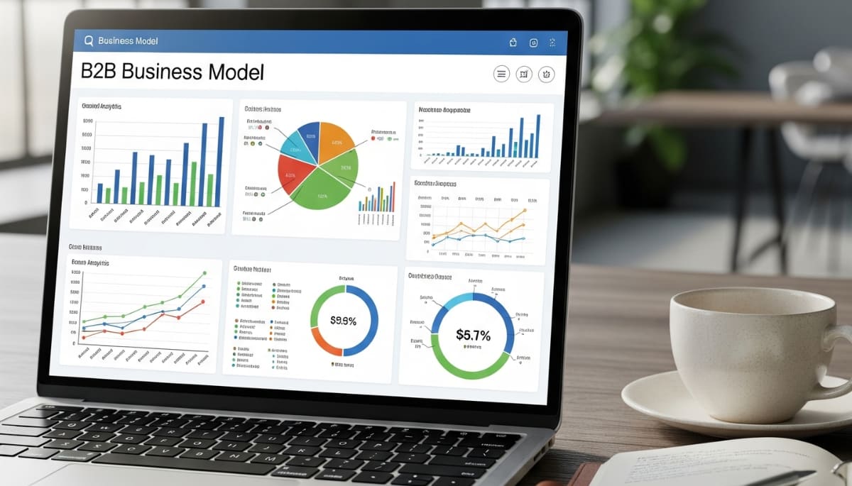 Laptop showing B2B business model on screen