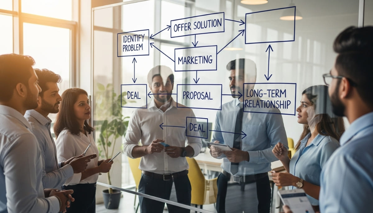 Business team planning B2B strategy on glass board