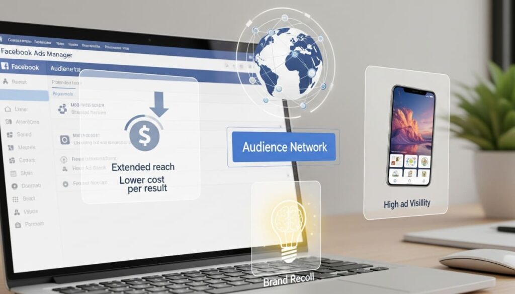 Laptop showing Facebook Ads Manager with Audience Network highlighted, surrounded by visuals for extended reach, lower costs, high ad visibility, and improved brand recall.