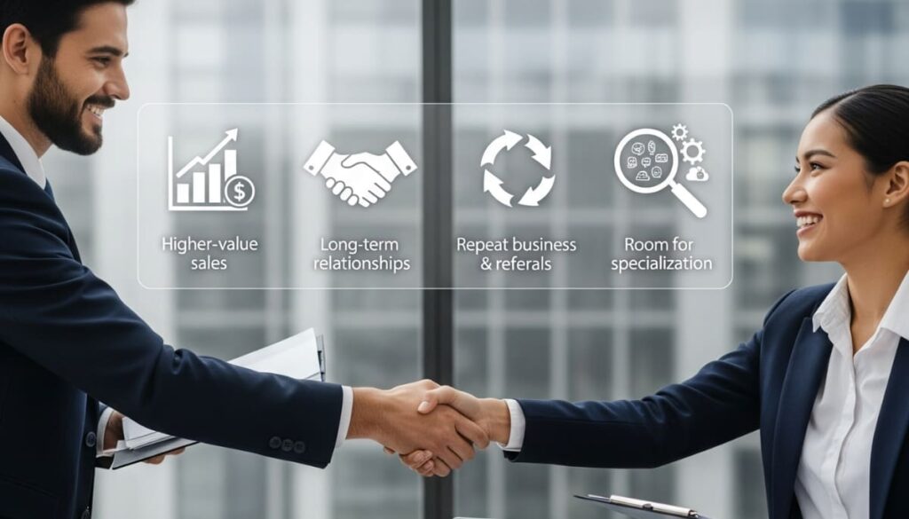 Two business professionals shaking hands in a modern office with sales charts, contracts, and visual icons representing higher-value sales, long-term relationships, repeat business, and niche specialization in a B2B model.