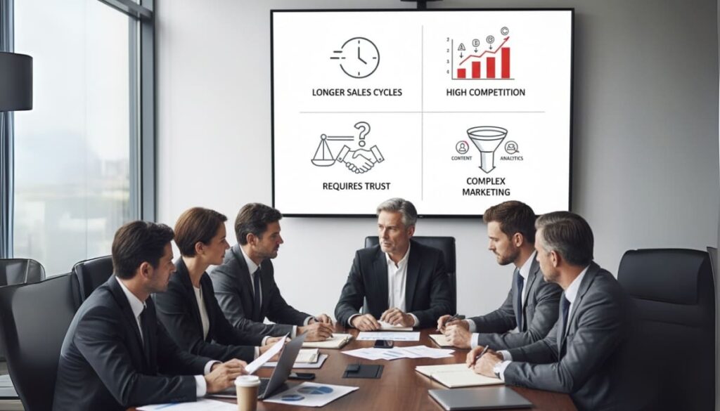 Business executives in a boardroom discussing challenges with visuals of a slow clock for longer sales cycles, competitor chart for high competition, handshake for trust, and marketing funnel for complex marketing.