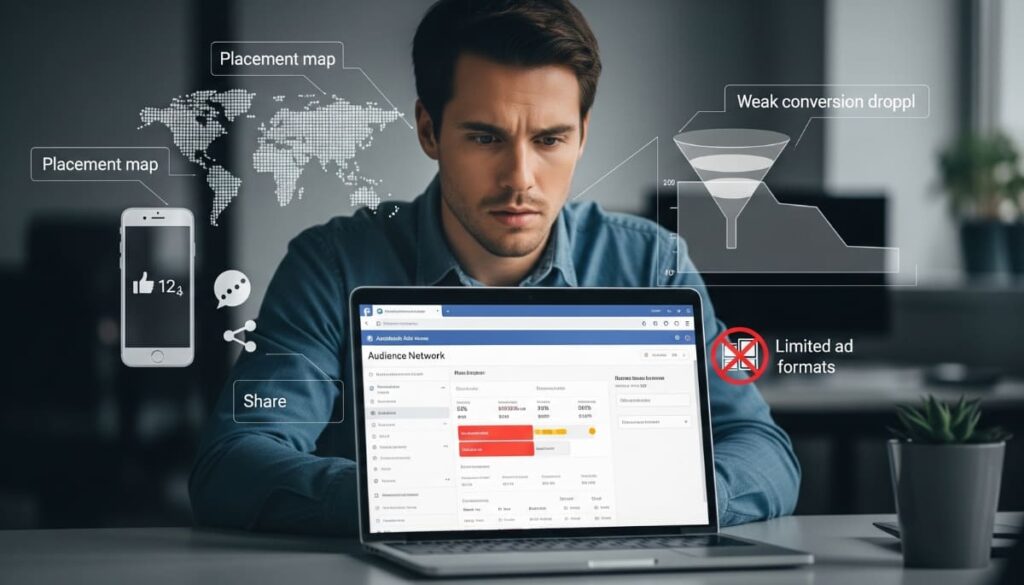 Marketer reviewing Audience Network ad results on laptop with visuals showing lower engagement, less placement control, weaker traffic quality, and limited ad formats.