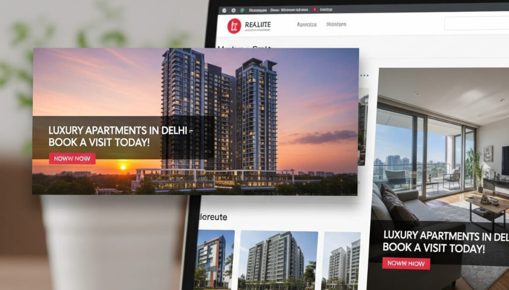 Example of display advertising with banner ads for luxury apartments in Delhi shown on a property-related website.