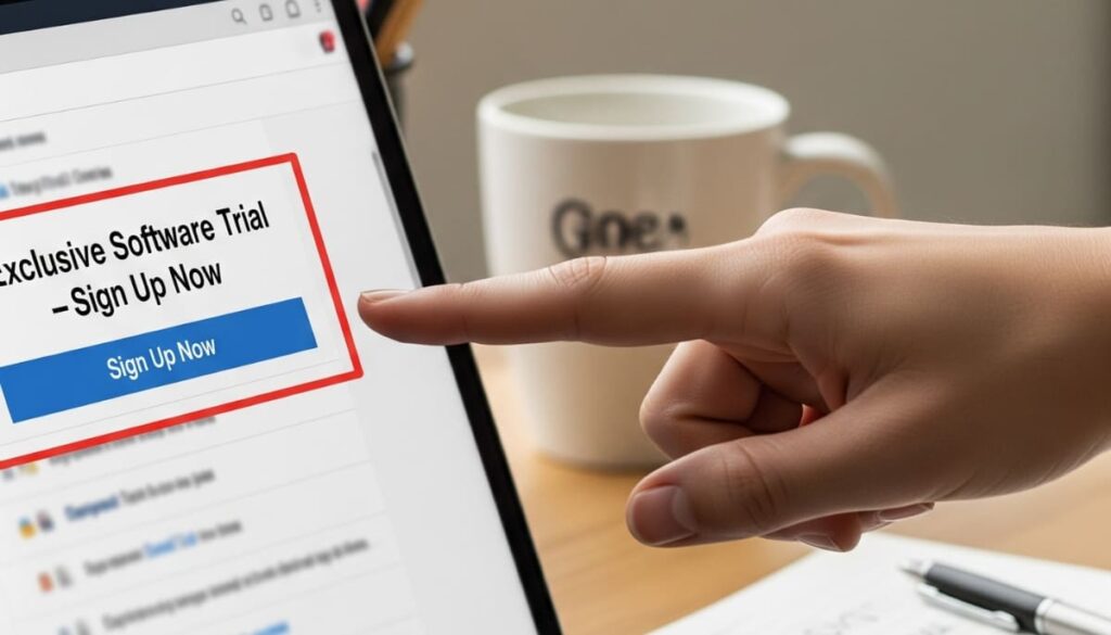 Person clicking a sign-up button inside a promotional email on a laptop, showing performance-based email marketing.