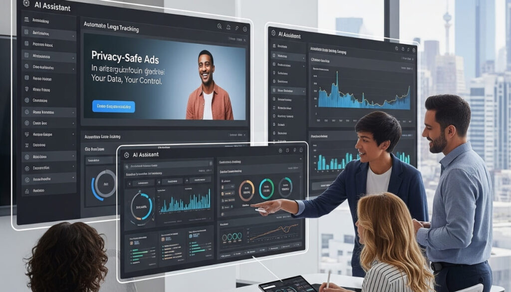 Futuristic office with AI assistants, automated ad dashboards, and cookie-less ads, with marketers discussing.