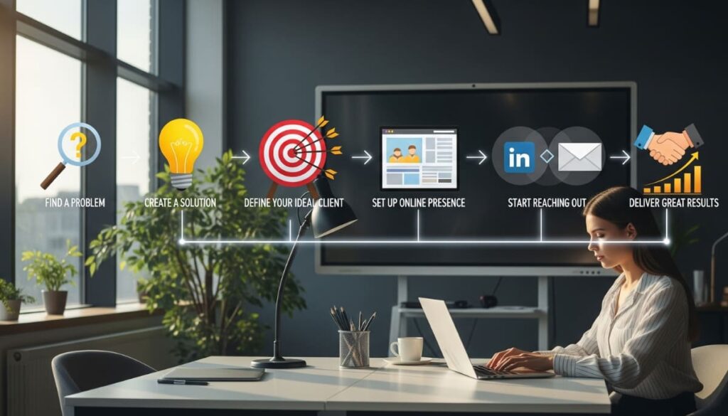 Entrepreneur planning a B2B business with visuals showing problem-solving, solution creation, defining clients, building online presence, client outreach, and delivering results.