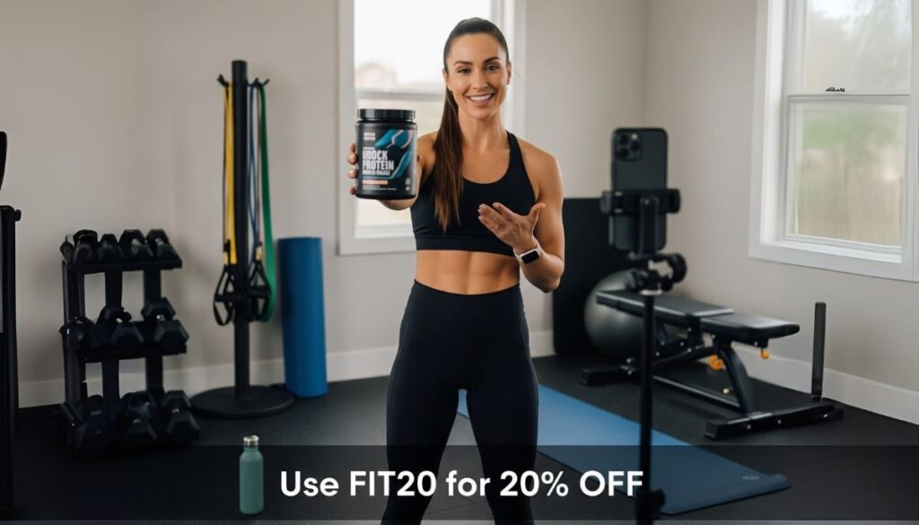 Fitness influencer promoting supplements with a discount code in a home gym, showing influencer marketing on a performance model.
