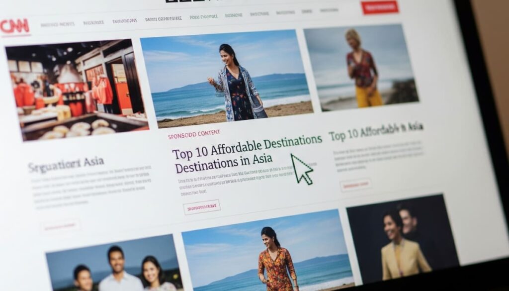 Native advertising example showing a sponsored travel article blending seamlessly into a news website alongside regular articles.