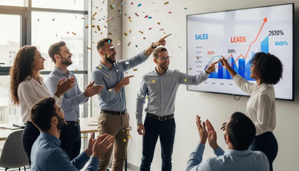 Business team celebrating growth with a TV screen showing rising sales and leads, confetti in the office.