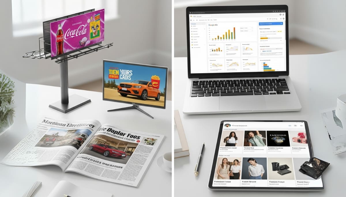 Side-by-side view of traditional advertising like billboards and TV vs digital marketing on a laptop with Google Ads.
