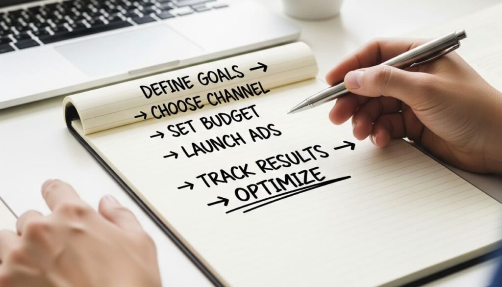 Desk with a notepad showing performance marketing steps from goals to optimization, with a marketer pointing at it.