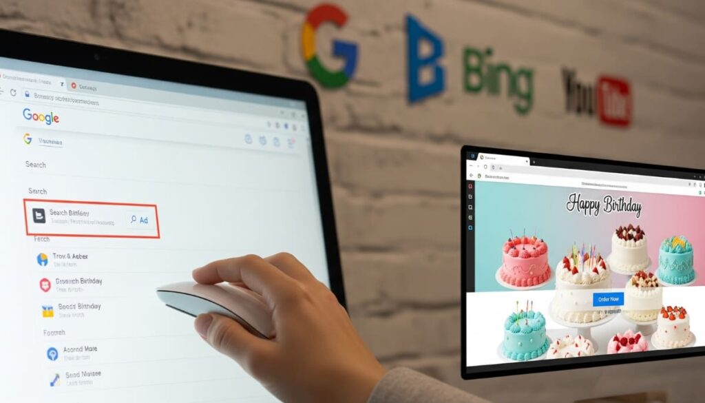Realistic image of Pay-Per-Click advertising where a user clicks a Google Ad for a bakery and lands on its website.