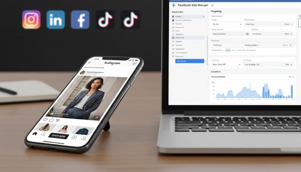 Realistic example of social media advertising showing an Instagram clothing brand ad and a Facebook Ads Manager targeting dashboard.