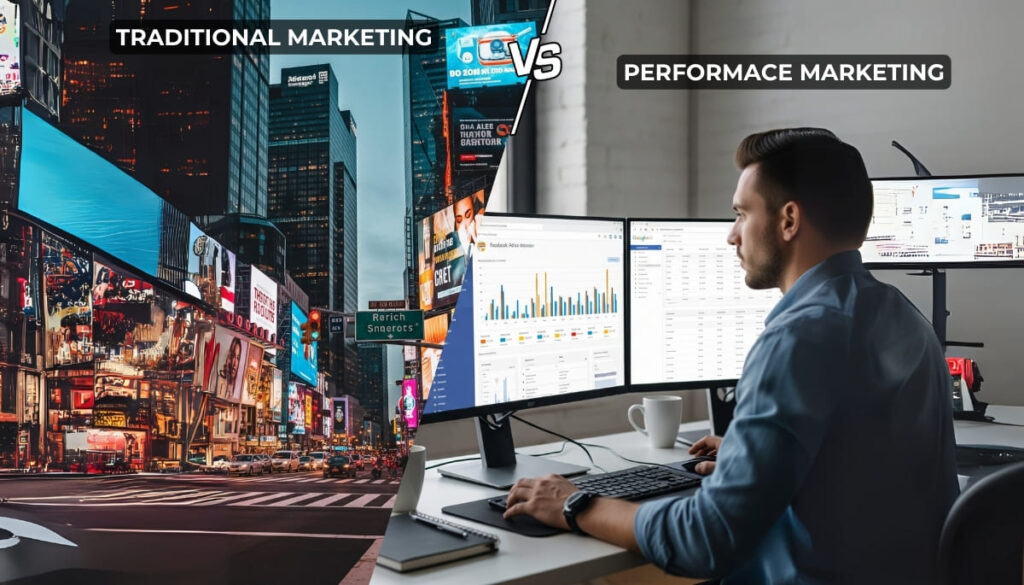 Collage showing billboards in a busy city vs a marketer tracking Facebook Ads Manager and Google Analytics.