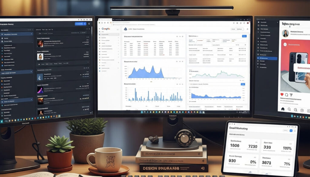 Digital marketer’s workspace with screens showing Google Ads, Facebook Ads, influencer posts, and email campaigns.