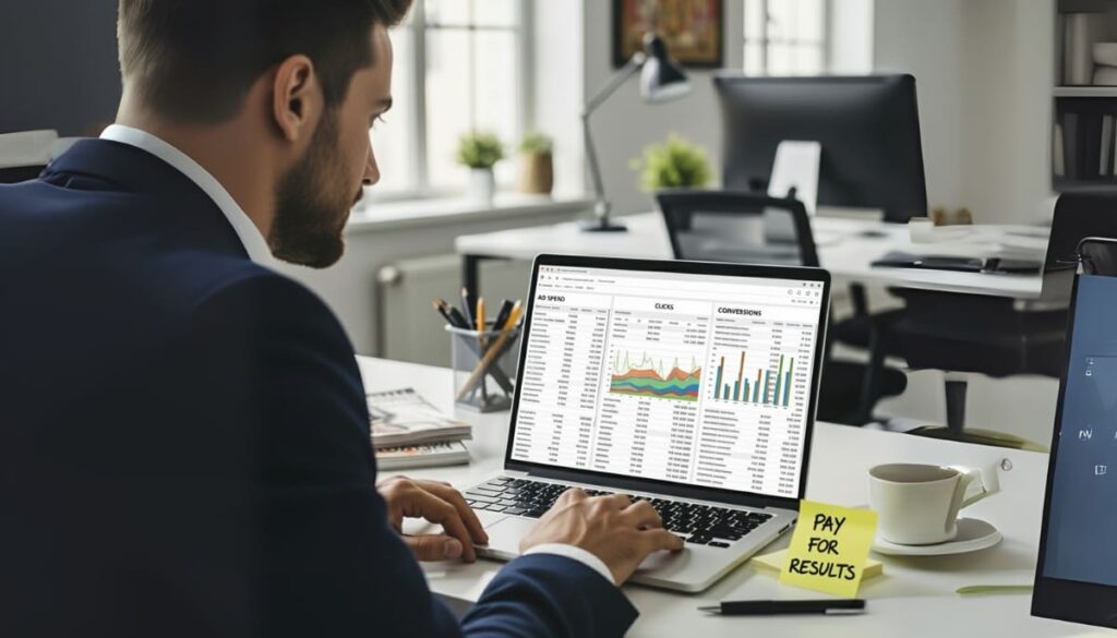 Marketer analyzing ad spend, clicks, and conversions on a laptop dashboard with a sticky note saying Pay for Results.